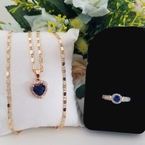 Blue Zirconia Gold Heart and Round Halo Ring